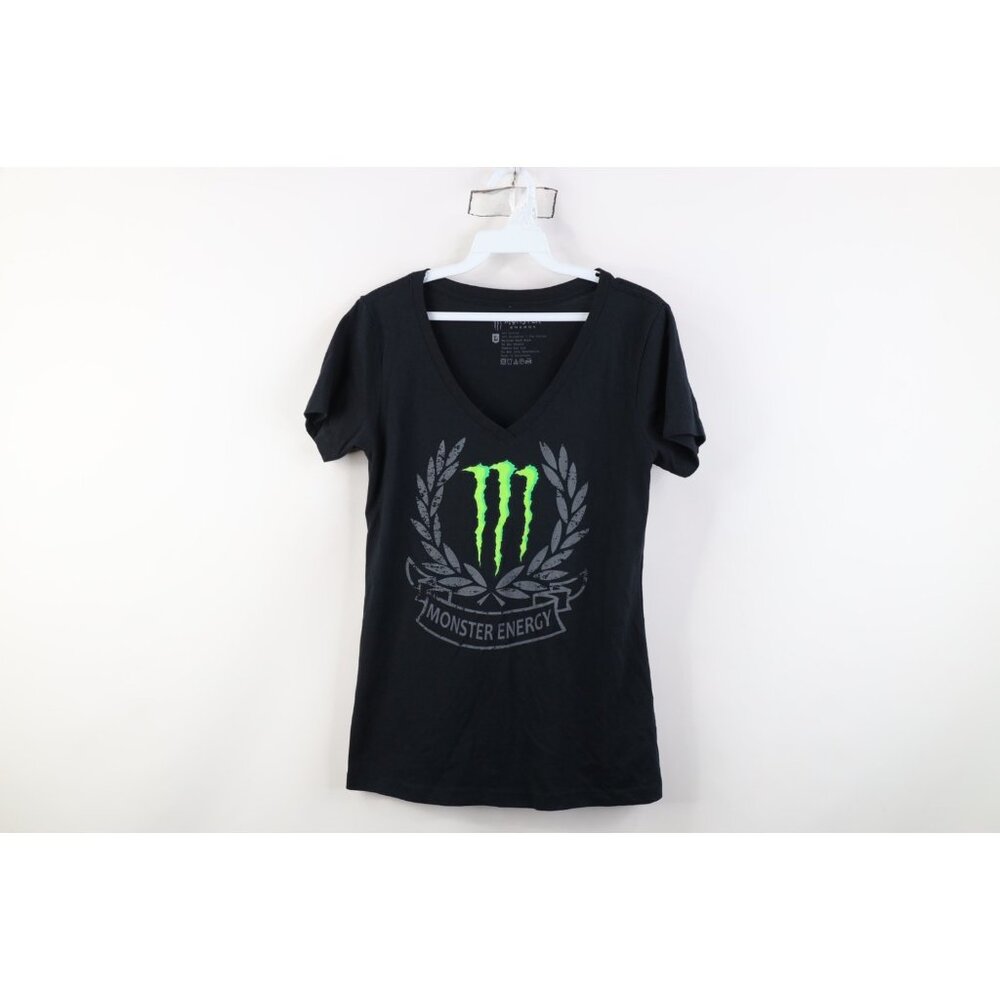 Y2K Monster Energy Drink Womens Size Large Faded Spell Out V-Neck T-Shirt Black